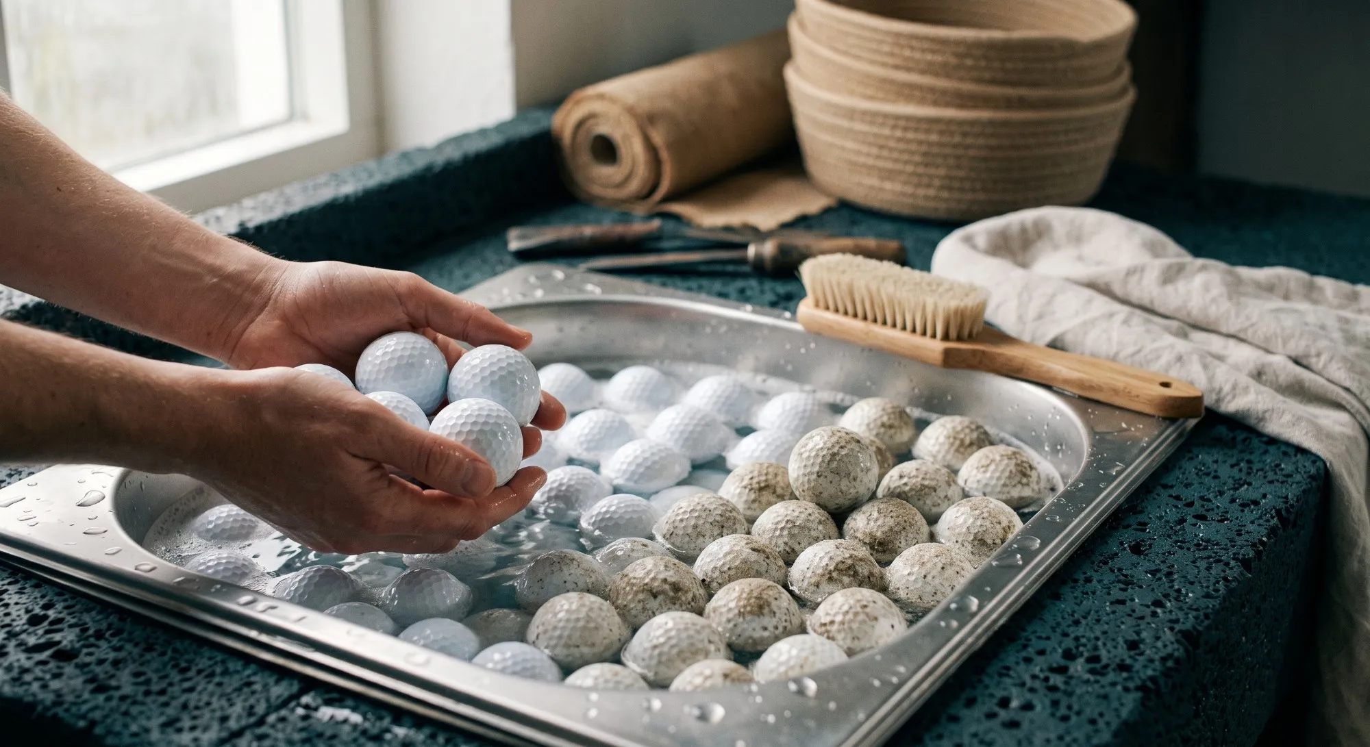 Bolas de golf durante el proceso de lavado artesanal
