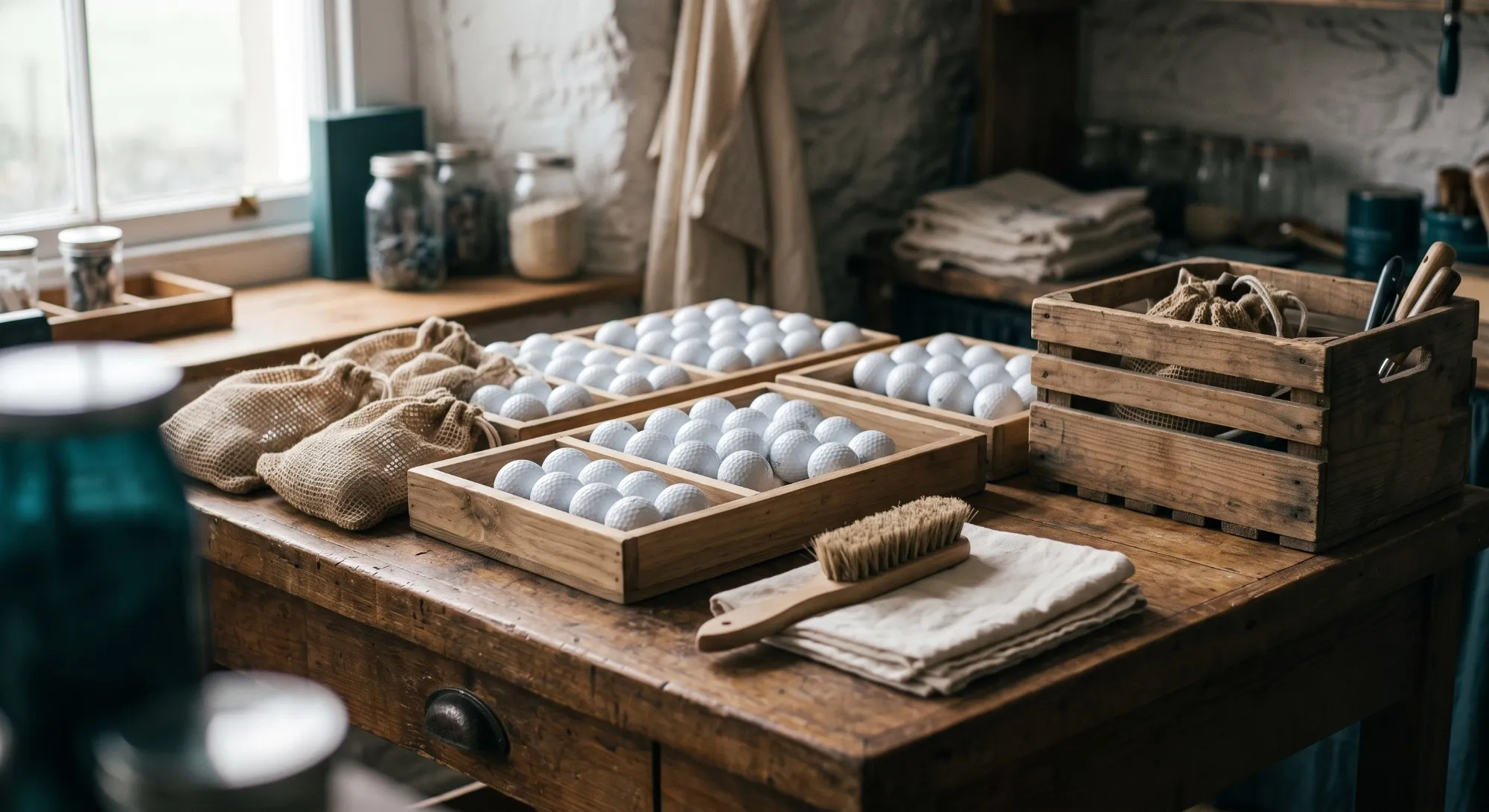 Mesa de trabajo con bolas de golf clasificadas a mano en cajas por grado